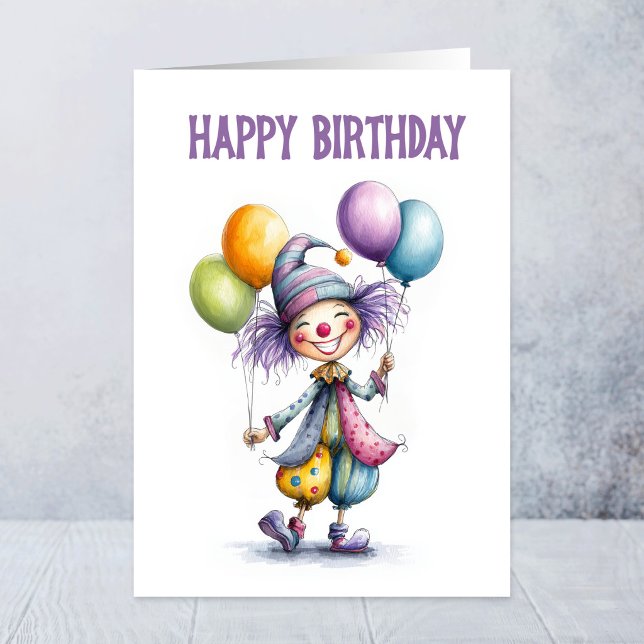 Tarjeta Payaso Alegre Sosteniendo Globos Cumpleaños (Subido por el creador)