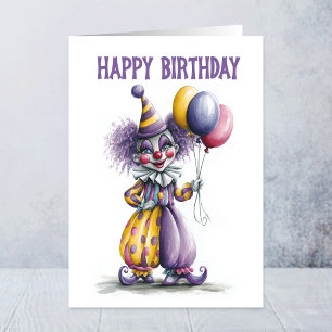 Tarjeta Payaso de circo feliz sosteniendo globos Cumpleaño