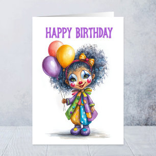 Tarjeta Payaso de circo niña sosteniendo globos Cumpleaños