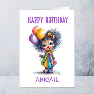 Tarjeta Payaso de circo niña sosteniendo globos Cumpleaños