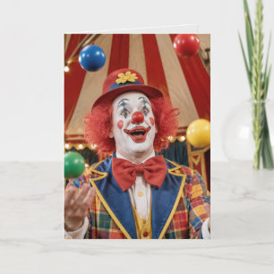 Tarjeta Payaso de Cumpleaños Feliz Lanzando al Aire Bolas