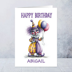 Tarjeta Payaso Feliz del Circo Sosteniendo Globos Cumpleañ