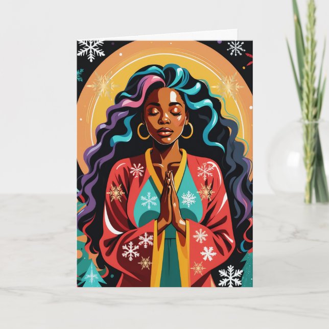 Tarjeta Paz, amor y alegría Navidades mujeres negras rezan (Anverso)
