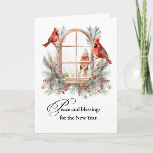 Tarjeta Paz de Año Nuevo y bendiciones a las aves cardinal