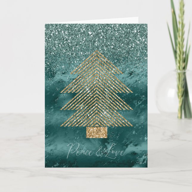 Tarjeta Paz del árbol de Navidad de mármol verde con brill (Anverso)