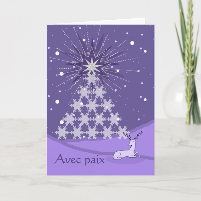 Tarjeta Paz Paix en árbol de Navidad y ciervo franceses (Anverso)