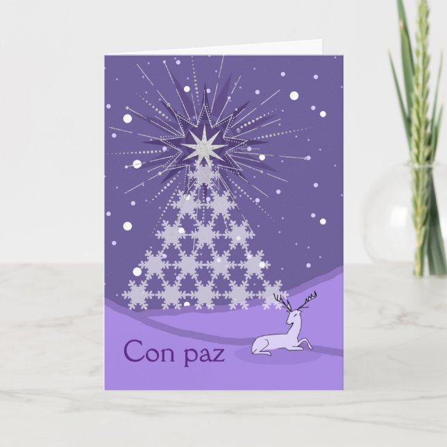 Tarjeta Paz Paix en Árbol y ciervo de Navidad español (Anverso)
