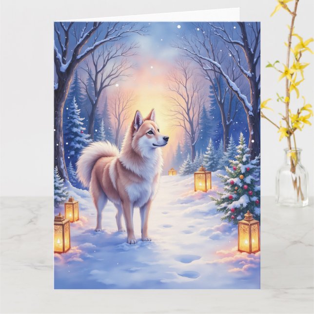 Tarjeta Peaceful Akita on Snow Lantern Path Christmas Dog  (flor amarilla)