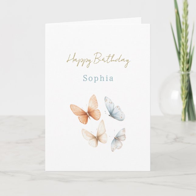 Tarjeta Peach Blue Butterflies Birthday (Anverso)