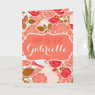 Tarjeta Peach & Gold Watercolor Floral Chica Feliz Cumplea