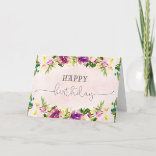 Tarjeta Peach Purple Floral Watercolor Feliz cumpleaños