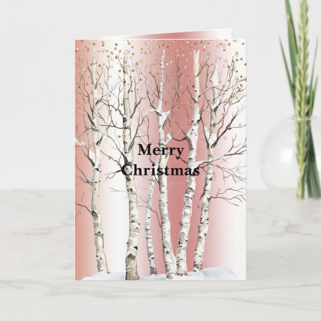 Tarjeta Peach Rose Birch Trees Gold Glitter Christmas (Anverso)
