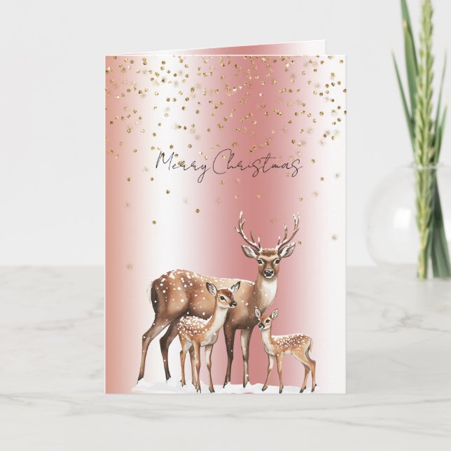 Tarjeta Peach Rose Deer Gold Glitter Christmas (Anverso)