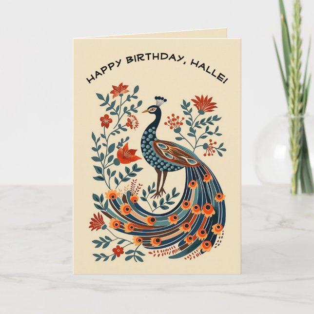 Tarjeta Peacock de arte folclórico editable (Anverso)