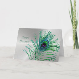 Tarjeta Peacock Feather Green Purpurina Silver Cumpleaños