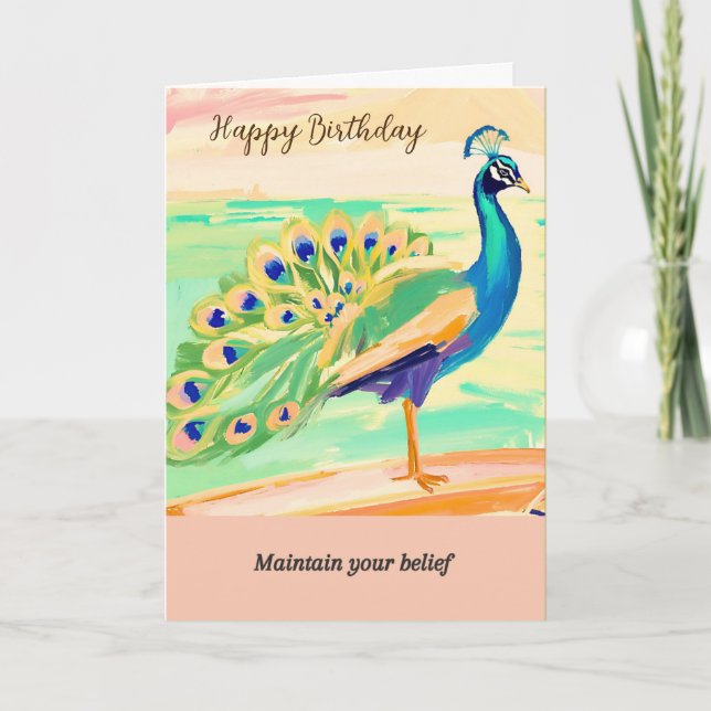 Tarjeta peacock message happy birthday (Anverso)