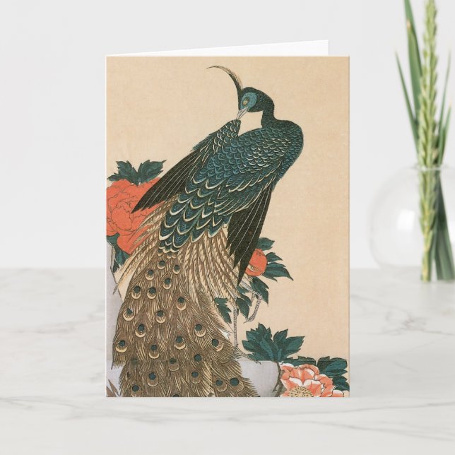 Tarjeta Peacock y peonías de Hiroshige, arte japonés (Anverso)