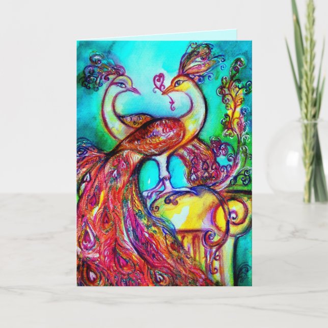 Tarjeta PEACOCKS EN LOCO azul turquesa rojo verde (Anverso)