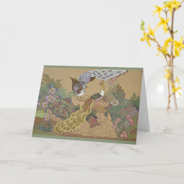 Tarjeta Peacocks estilizados en jardín de flores (flor amarilla)