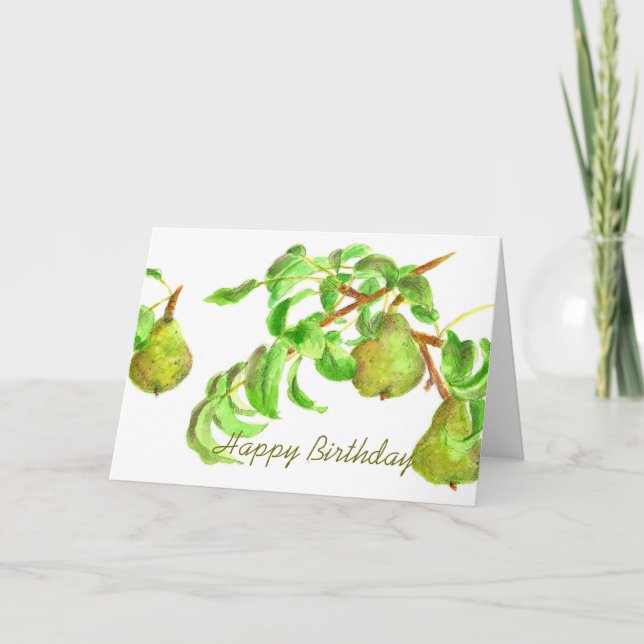 Tarjeta Pears Happy Birday Watercolor Fruit Summer Green (Anverso)