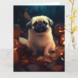 Tarjeta Pekingese de Halloween con calabazas aterradoras
