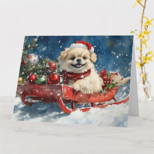 Tarjeta Pekingese Perro en Trineo Deja que Nieve Navidad