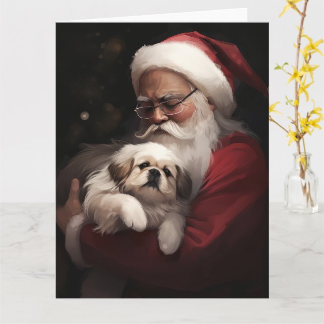 Tarjeta Pekingeses con Navidades festivos de Santa Claus (flor amarilla)