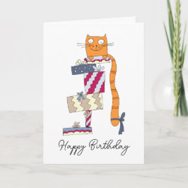 Tarjeta Pelirroja divertida sentada en una pila de regalos