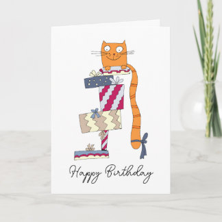 Tarjeta Pelirroja divertida sentada en una pila de regalos