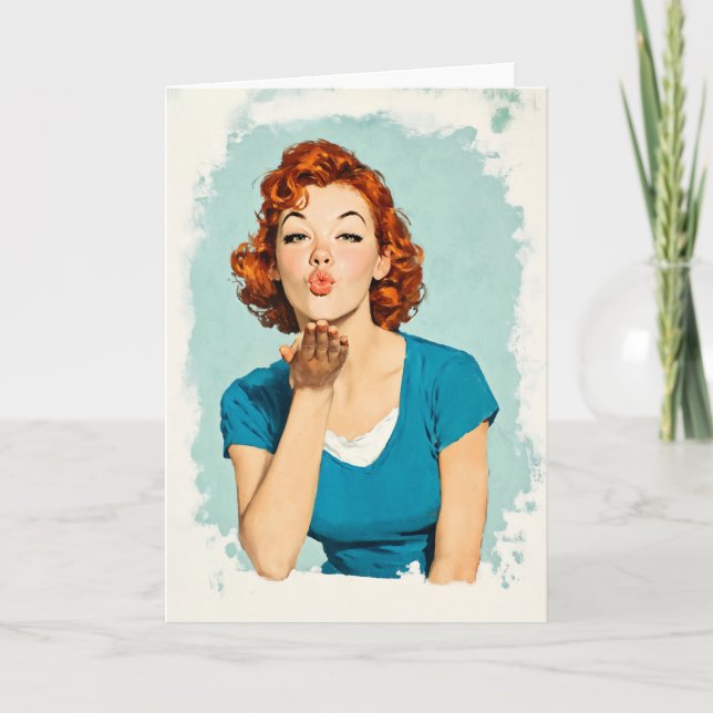 Tarjeta Pelirroja Retro Enviando Beso Dulce (Anverso)