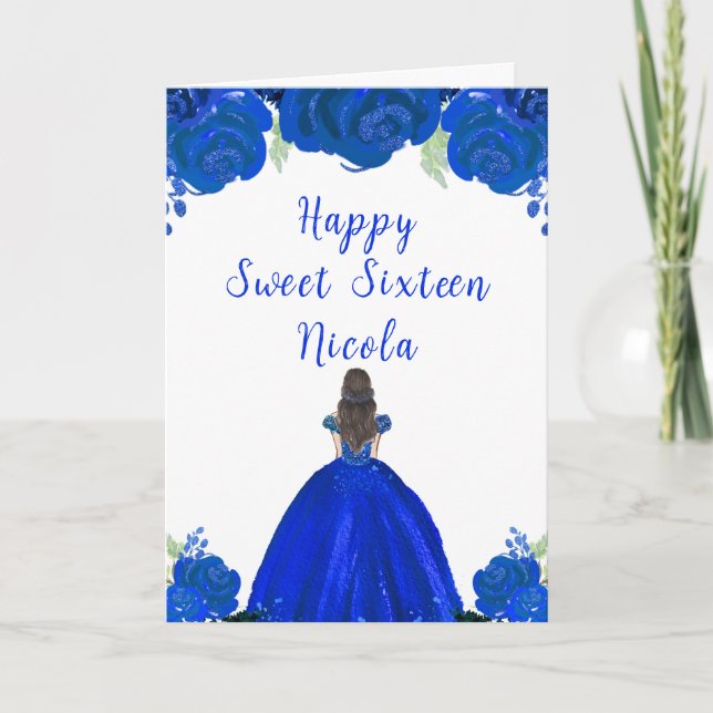 Tarjeta Pelo Marrón Princesa Azul Dulce Floral Dieciséis (Anverso)
