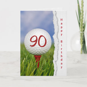 Tarjeta pelota de golf en tee por 90 años