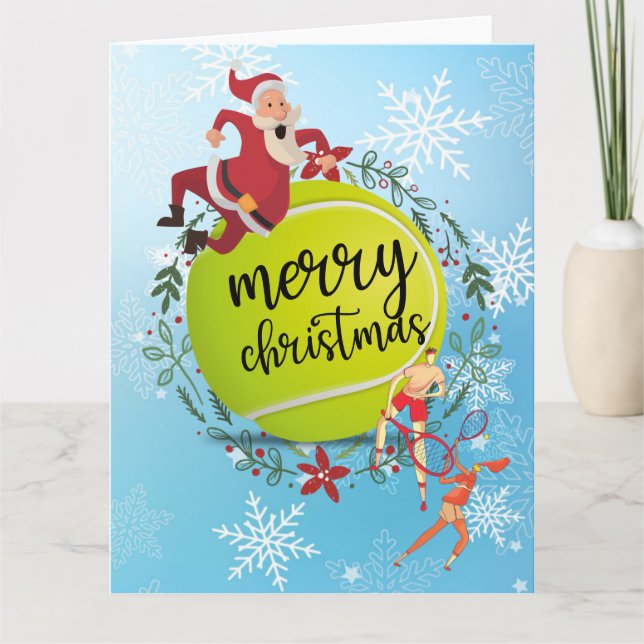 Tarjeta Pelota de tenis detrás de Santa Claus Feliz Navida (Anverso)
