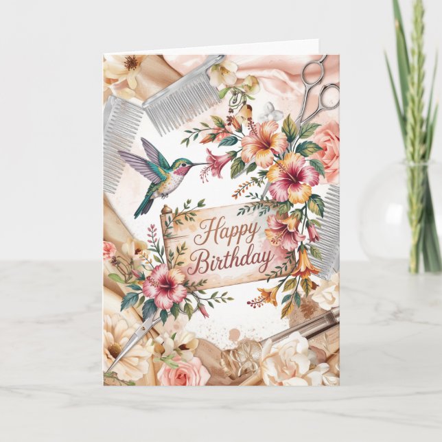 Tarjeta Peluquero cumpleaños temático con tijeras (Anverso)