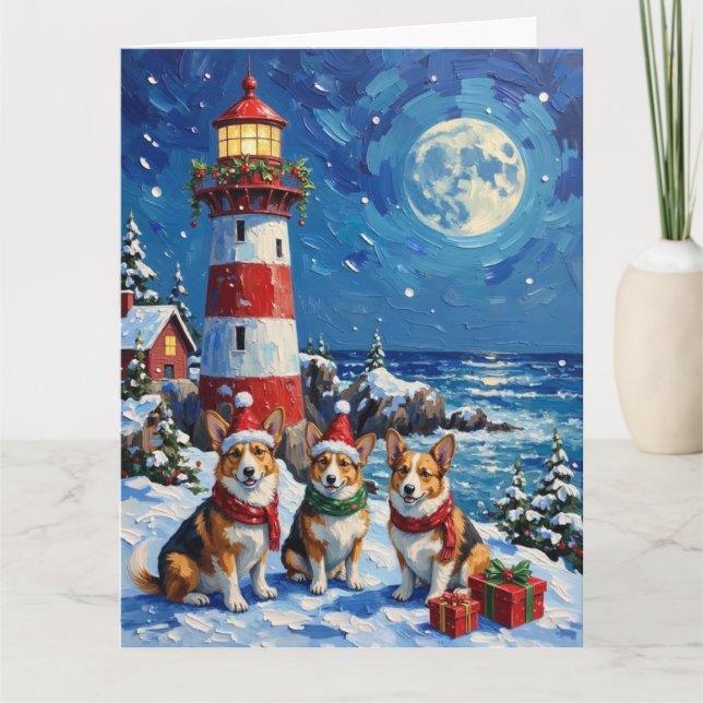 Tarjeta Pembroke Welsh Corgi Christmas Lighthouse Holiday (Anverso)