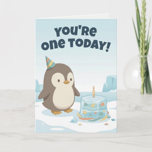 Tarjeta Penguin Birthday | Custom First Birthday (Anverso)