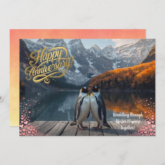 Tarjeta Penguin Couple Scenic Personalized Anniversary (Anverso / Reverso)
