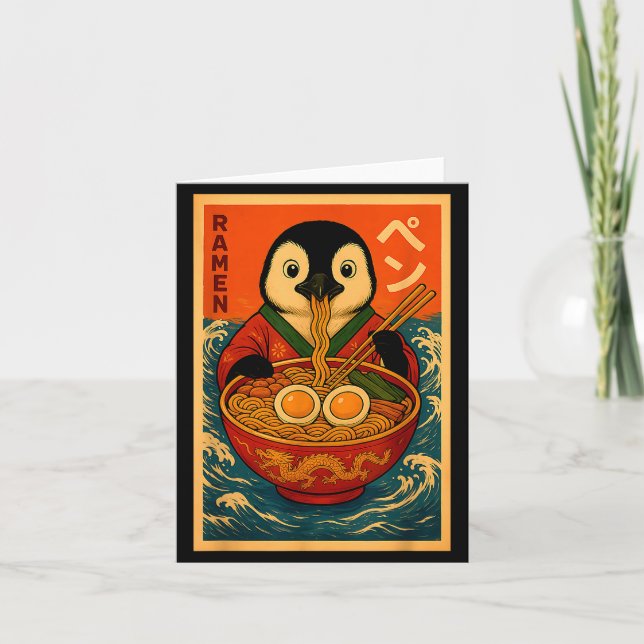 Tarjeta Penguin Eating Ramen Japanese Noodles Funny  (Anverso)