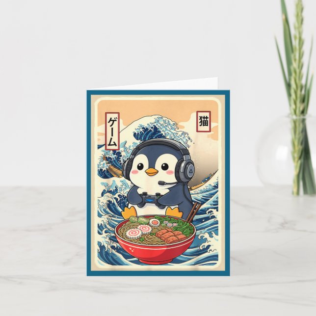 Tarjeta Penguin Kawaii Japanese Ramen Noodle Retro Gaming  (Anverso)