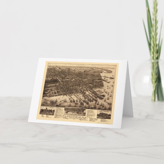 Tarjeta Pensacola, mapa panorámico de FL - 1885 (Anverso)