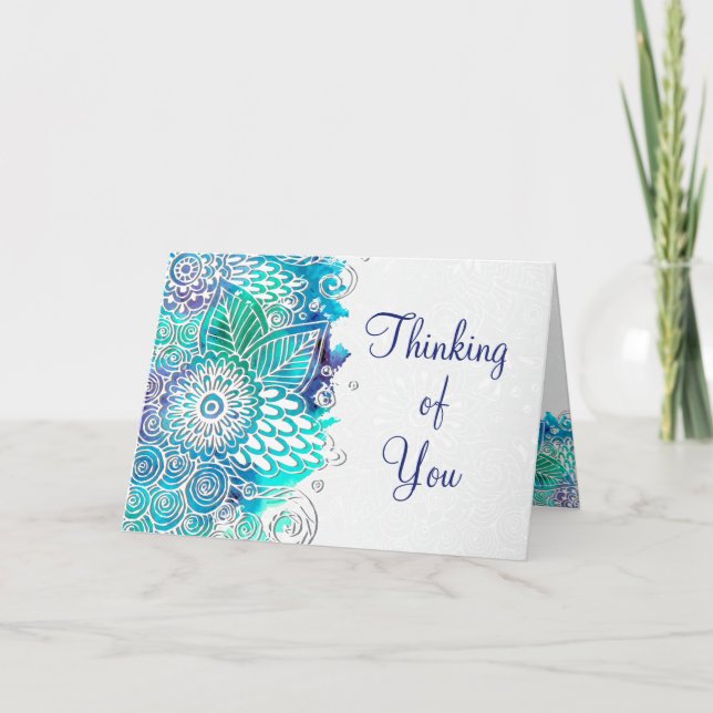 Tarjeta Pensamiento en la mandala floral azul y verde (Anverso)