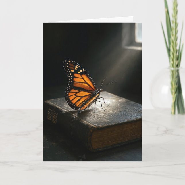 Tarjeta Pensando en la mariposa monarca en una Santa Bibli (Anverso)