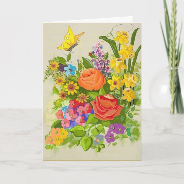 Tarjeta Pensando en las flores y la mariposa (Anverso)