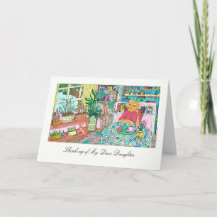 Tarjeta Pensando en mi querida hija con un gato en la mesa