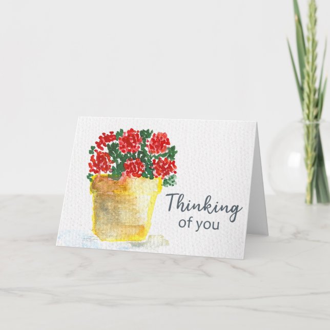 Tarjeta Pensando en Ti Acuarela Flores Rojas en Maceta (Anverso)