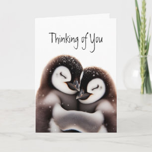 Tarjeta Pensando en ti adorable pájaros pingüinos