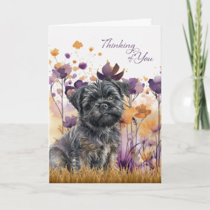 Tarjeta Pensando en ti Affenpinscher Dog Purple Flowers