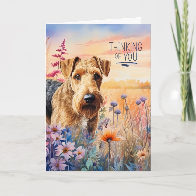 Tarjeta Pensando en ti, Airedale Terrier Dog Flowers (Anverso)