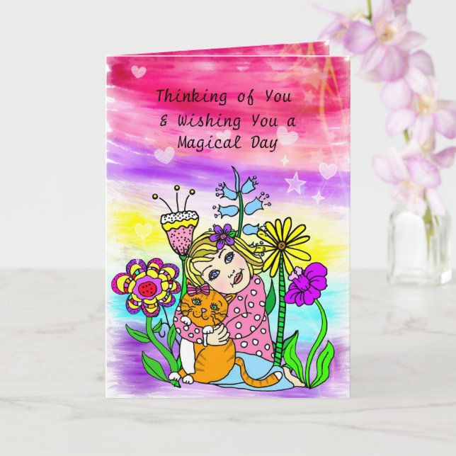 Tarjeta Pensando en ti, amistad, gato caprichoso y Chica (Orquídea)