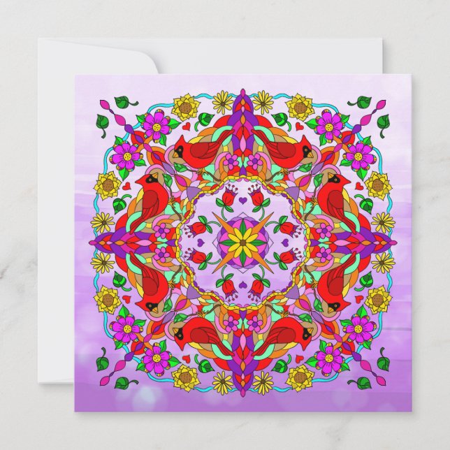 Tarjeta Pensando en ti, cardenal y flores Mandala (Anverso)